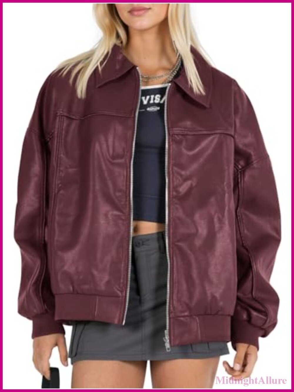 Oversized Faux Leather Bomber Jacket Zip Up Moto Biker Coat